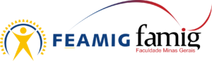 A imagem apresenta um ícone estilizado de uma pessoa com os braços levantados dentro de um semicírculo formado por pequenos triângulos amarelos, representando a educação e o conhecimento. À direita, está escrito 'FEAMIG' em azul. Acima do texto, há uma linha curva em gradiente, começando em azul e terminando em vermelho, formando um arco que finaliza em um ponto vermelho. Abaixo de 'FAMIG'.