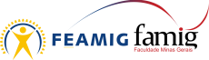 A imagem apresenta um ícone estilizado de uma pessoa com os braços levantados dentro de um semicírculo formado por pequenos triângulos amarelos, representando a educação e o conhecimento. À direita, está escrito 'FEAMIG' em azul. Acima do texto, há uma linha curva em gradiente, começando em azul e terminando em vermelho, formando um arco que finaliza em um ponto vermelho. Abaixo de 'FAMIG'.